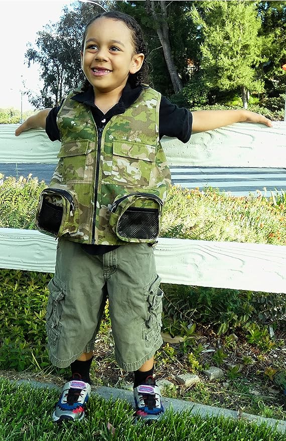 Kids Cargo Vest Set Camouflage Vest and Hat Youth S/M Fits Kids Size 4-7 (Camouflage (Hat and Vest), Small/Medium)