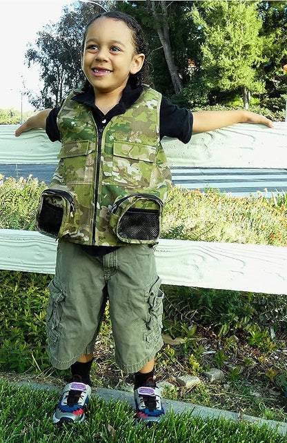 Kids Cargo Vest Set Camouflage Vest and Hat Youth S/M Fits Kids Size 4-7 (Camouflage (Hat and Vest), Small/Medium)