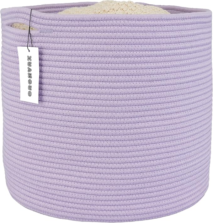 XUANGUO Cotton Rope Basket For Girls Boys Kids 16”X14” Baby Laundry Basket Nursery Bin Round Woven Baskets Organizer For Storage Toys Blankets Shoes Clothes purple