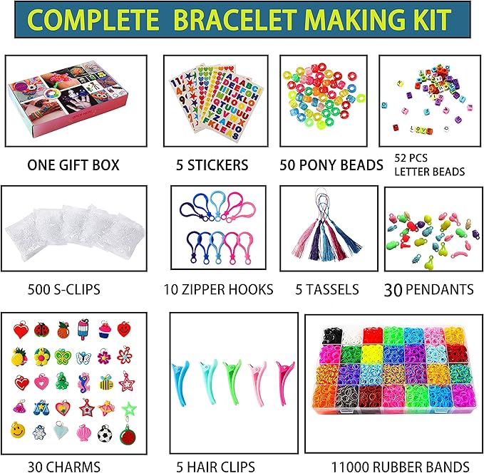 XYTLAX 11000+ Loom Bands, Rubber Band Bracelet Kit, Loom Bracelet Making Kit for Girls& Boys Creativity Birthday Gift