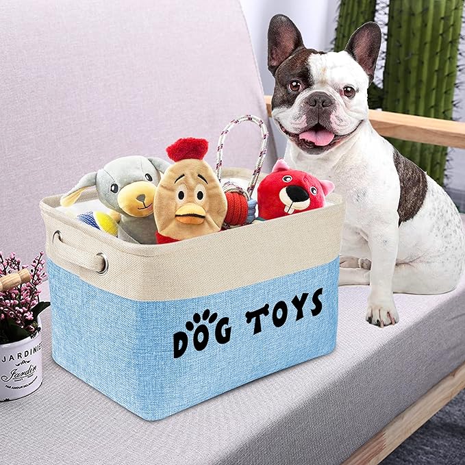 PET ARTIST Dog Toy Basket, Collapsible Dog Toy Bin Box with Comfortable Handles, Large Pet Toy Storage Organizer for Accessories, Toys, Coat & Clothing, Blanket & Leash, Blue, 15"x11"x9"