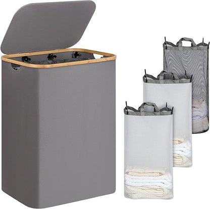 iEGrow Laundry Basket with Lid, 110L Laundry Hamper with Bamboo Handle,Clothes Basket Organizer with Removable Inner Bag for Clothes Toys Towels,Light Grey