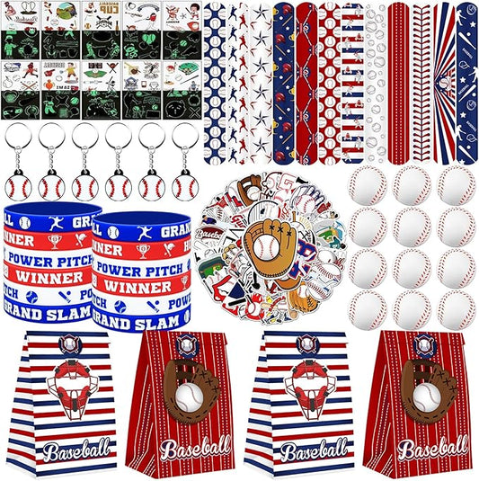 122Pcs Baseball Party Favors Baseball Goodie Bags Favors with Stress Ball Keychain Tattoo Sticker Silicone Bracelet for Baseball Themed Birthday Party Supplies