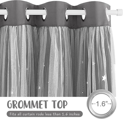 NICETOWN Moon Star Hollow-Out Curtains for Nursery Gift, Double Layer Blackout Grommets Window Curtains Sheer for Living Room/Girls Bedroom, 2 Panels in 52 x 84 inches, Grey
