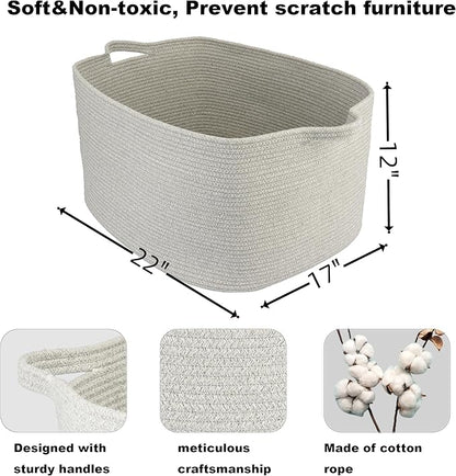 XUANGUO Large Rectangle Blankets Basket Living Room 22"x17"x12" Woven Cotton Rope Storage Baskets for Nursery Toy Baskets for Kids and Dogs Laundry Basket Bin for Clothes Towels grey