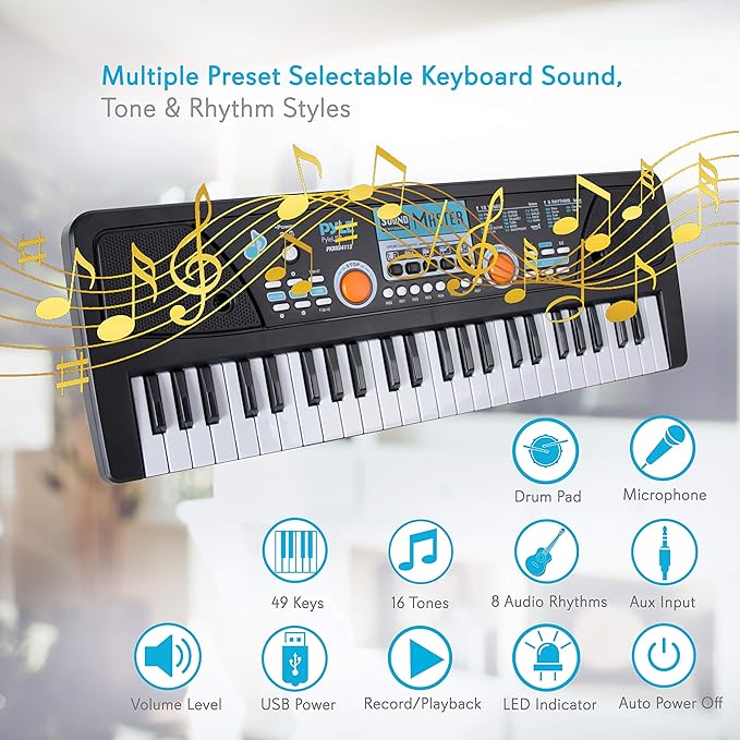 Pyle 49-Key Electric Piano Keyboard – Portable Digital Music Keyboard with Drum Pad, Microphone, Record & Playback Mode for Beginners and Kids