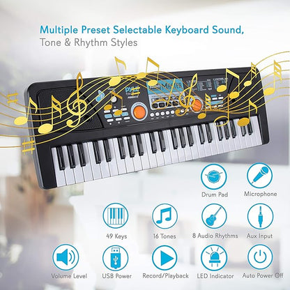 Pyle 49-Key Electric Piano Keyboard – Portable Digital Music Keyboard with Drum Pad, Microphone, Record & Playback Mode for Beginners and Kids