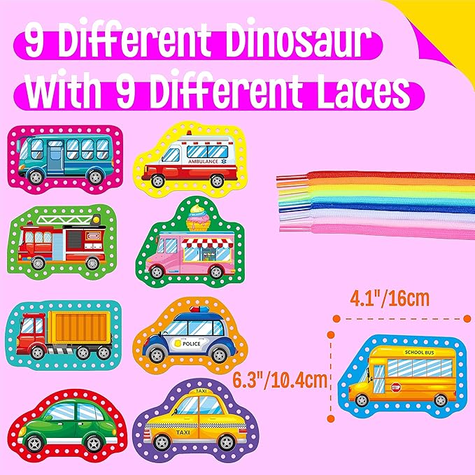 9 Pieces Kids Lacing Cards, Double Sided Sewing Cards in 9 Vehicle Cards with 9 Colorful Laces, Imagination Development Lacing Toys Games for Children Educational and Learning Activity