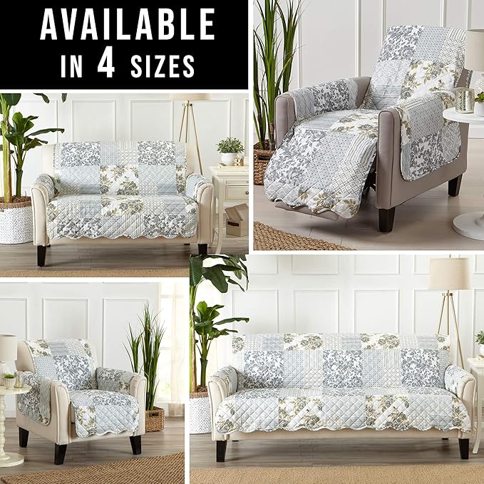 Patchwork Scalloped Printed Furniture Protector Stain Resistant Recliner Cover (Recliner, Grey)