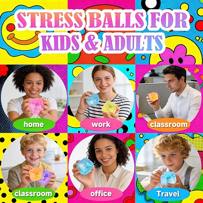 24 Pack Slow Rising Ice Cube Squishy Stress Balls，Stress Cube for Adults Kids , Sensory Fidget Toy for Anxiety Relief, Square Squeeze Toy for Classroom Prizes, Mini Nice Cube Squishy for Party Favors