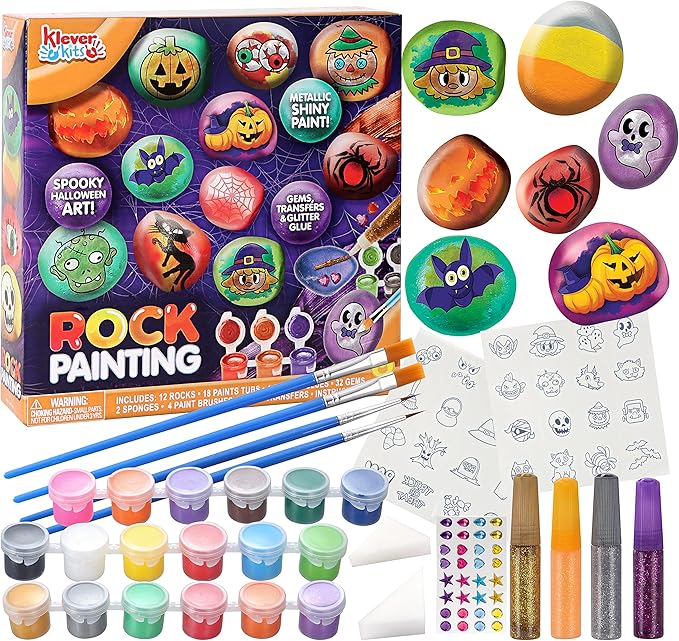 Klever Kits 12 Halloween Rock Painting Kit for Kids, Creativity Arts Crafts DIY Supplies Kit with 18 Paint Tubs, Decorate Your Own for Kids Painting Gifts, Family Activity, Birthday Present, Halloween