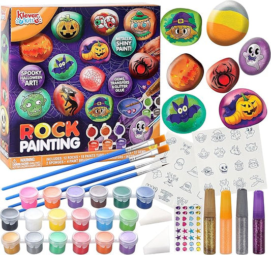 Klever Kits 12 Halloween Rock Painting Kit for Kids, Creativity Arts Crafts DIY Supplies Kit with 18 Paint Tubs, Decorate Your Own for Kids Painting Gifts, Family Activity, Birthday Present, Halloween