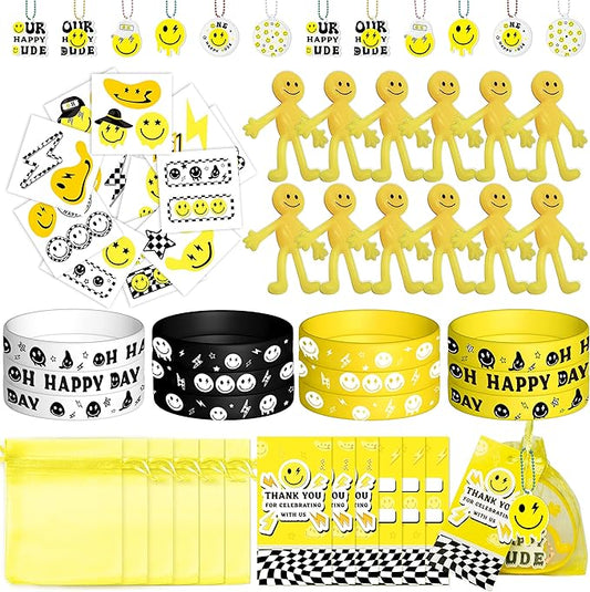 72PCS One Happy Dude Birthday Party Favor for Kids Smile Face Theme Gifts Set Include Bracelet Tatto Thank You Card with Keychain and Organza Smile Party Classroom School Supplies
