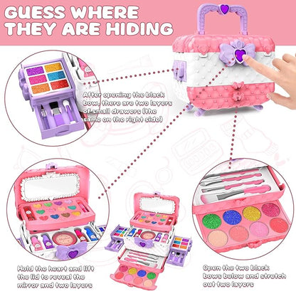 54 Pcs Kids Makeup Kit for Girls, Princess Real Washable Pretend Play Cosmetic Set Toys with Mirror, Non-Toxic & Safe, Birthday Gifts for 3 4 5 6 7 8 9 10+Years Old Girls Kids (Pink White)