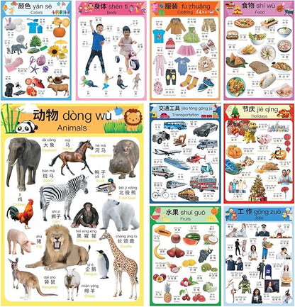 N/A/ Chinese Learning 10-Poster Set for Kids. Montessori-Inspired. Bilingual with Simplified Chinese, English, and Pinyin.