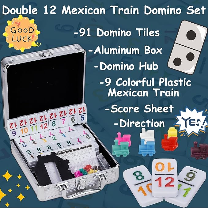 Doublefan Mexican Train Dominoes with Color Numbers,Double 12 Numerical Domino Game, Chicken Foot Dominoes Set with Aluminum Case, 91 Tiles Dominoï¼ˆ2-10 Player