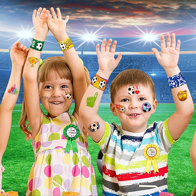 48PCS Soccer Party Favors - 24PCS Tattoos & 24PCS Slap Bracelets - Football-Themed Birthday Supplies, World Cup Decorations, Classroom Prizes, Gifts for Boys & Girls