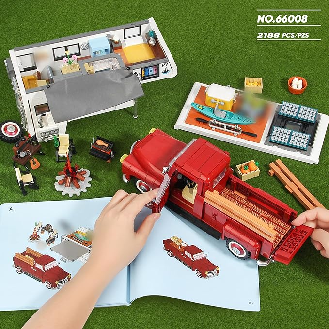 Car Building Block, 2-in-1 Camper Van Building and Farm Pickup Truck Building Set Toy for Adult, Retro Rvs Building Block Kit Set, 2188pcs