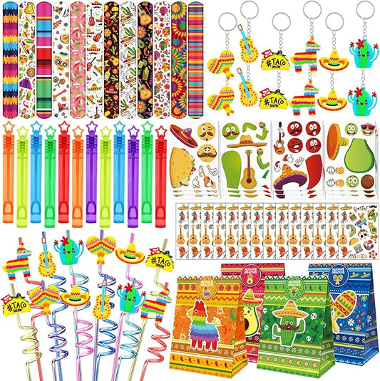 Erweicet Fiesta Party Favors 84 PCS Fiesta Mexican Theme Slap Bracelets DIY Stickers Tattoo Stickers Keychains Straws Gift Bags for Cinco De Mayo Theme Birthday Party Baby Shower