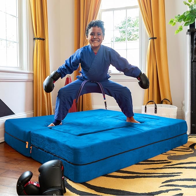 Jaxx Zipline Kids Sofa & Large Ottoman 3 in 1 Fold Out Sofa, Big Kids Edition Blueberry