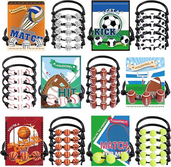 Erweicet Valentines Sports Party Favor 30 PCS Sports Charm Bracelets Adjustable Baseball Soccer Bead Ball Wristbands with Valentines Day Gift Cards for Kids Classroom Gift Exchange