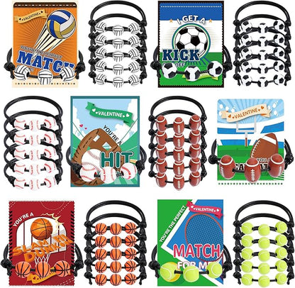 Erweicet Valentines Sports Party Favor 30 PCS Sports Charm Bracelets Adjustable Baseball Soccer Bead Ball Wristbands with Valentines Day Gift Cards for Kids Classroom Gift Exchange