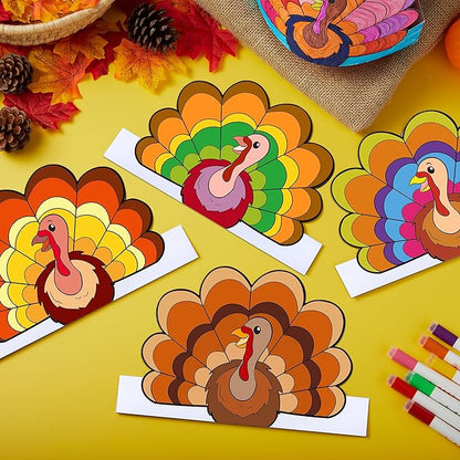 JOYIN 24 Pcs Thanksgiving Coloring Headbands, Thanksgiving Color Your Own Turkey Crowns Kids Craft Set for Thanksgiving Kids School Activities Class Events Thanksgiving Party Decoration Supplies