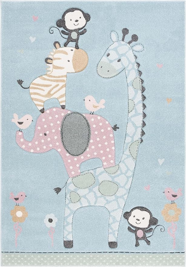SAFAVIEH Carousel Kids Collection Area Rug - 5'3" x 7'6", Blue, Animal Design, Ideal for High Traffic Area for Boys & Girls in Playroom, Nursery, Bedroom (CRK120K-5)