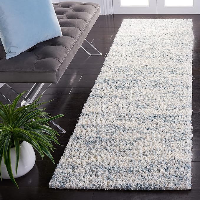 SAFAVIEH Berber Shag Collection Runner Rug - 2'3" x 8', Ivory & Light Aqua, Non-Shedding & Easy Care, 1.2-inch Thick Ideal for High Traffic Areas in Living Room, Bedroom (BER563J)