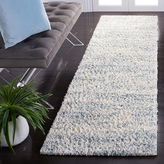 SAFAVIEH Berber Shag Collection Runner Rug - 2'3" x 8', Ivory & Light Aqua, Non-Shedding & Easy Care, 1.2-inch Thick Ideal for High Traffic Areas in Living Room, Bedroom (BER563J)