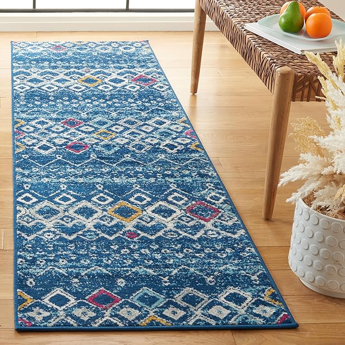 SAFAVIEH Amsterdam Collection Runner Rug - 2'3" x 12', Navy & Turquoise, Moroccan Boho Design, Non-Shedding & Easy Care, Ideal for High Traffic Areas in Living Room, Bedroom (AMS108M)