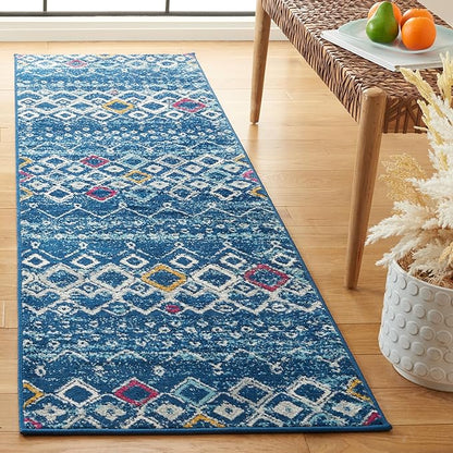 SAFAVIEH Amsterdam Collection Runner Rug - 2'3" x 12', Navy & Turquoise, Moroccan Boho Design, Non-Shedding & Easy Care, Ideal for High Traffic Areas in Living Room, Bedroom (AMS108M)