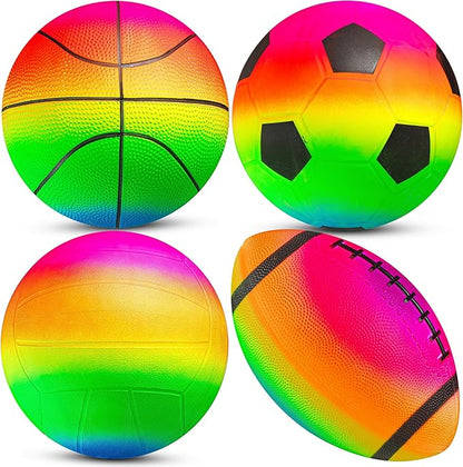 PlayBolt Sports Ball Set (4 Pack) - 5-Inch Rainbow Mini Basketball, Soccer, Football & Playground Balls w/Hand Pump - Fun Indoor Outdoor Toys for Toddlers, Little Kids, Preschoolers & Early Play