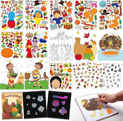 JOYIN 53 Sheets Thanksgiving Crafts Notebook with 20 Make-a-face Make A Turkey Stickers, 10 Coloring Book, 10 Scratch Cards, 5 Plain Paper and 8 Stickers Thanksgiving Party Favor Classroom Gifts