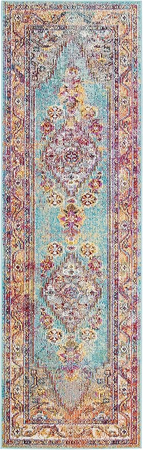 SAFAVIEH Crystal Collection Runner Rug - 2'2" x 9', Light Blue & Orange, Medallion Distressed Design, Non-Shedding & Easy Care, Ideal for High Traffic Areas in Living Room, Bedroom (CRS507A)