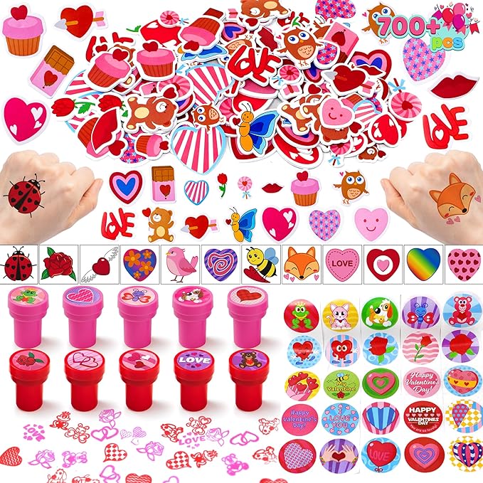 JOYIN 700+ Pcs Valentines Day Party Favor Supplies Craft Set, Foam Stickers for Kid, Tattoos, Stampers & Stickers for Decorations, Photo Props, School Classroom Holiday Exchange Game Prizes, Art Craft