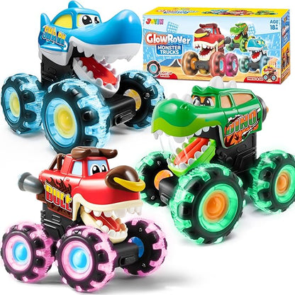 JOYIN 3 Pack Monster Truck Toy - Motion Activated Light-Up Cars for Toddlers - Monster Treads Lightning Wheels - Baby Toy Present - Press & Go Cars for Boys Girls