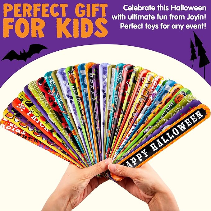 JOYIN 48 PCS Halloween Slap Bracelets for Kids Halloween Party Favors, Friendship Bracelets Bulk Girls Boys Gifts Trick or Treats Party Decorations, Snap Bracelet Classroom Exchange Prizes