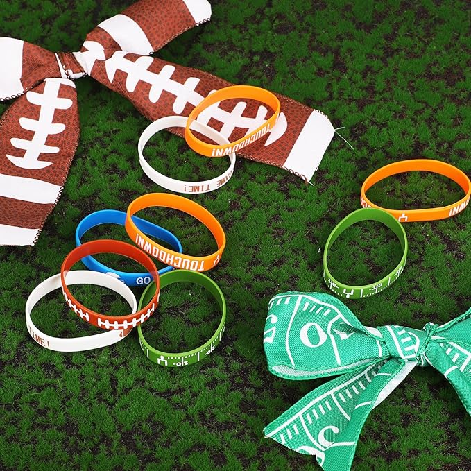 35pcs Football Bracelets, 5 Styles Silicone Football Theme Bracelets Soft Stretch Motivational Sports Wristbands Party Favors for Boys Football Team Birthday Game Event