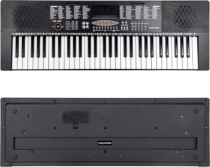 Saturnpower 61-Key Portable Electronic Keyboard Piano with Built In Speakers, Headphones, Microphone, Dual Power Supply, Piano Stand, Music Sheet Stand and Stool for Beginner (Kid & Adult) Black