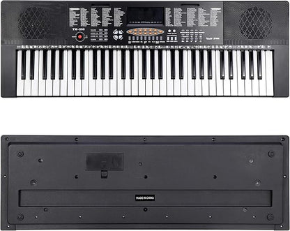 Saturnpower 61-Key Portable Electronic Keyboard Piano with Built In Speakers, Headphones, Microphone, Dual Power Supply, Piano Stand, Music Sheet Stand and Stool for Beginner (Kid & Adult) Black