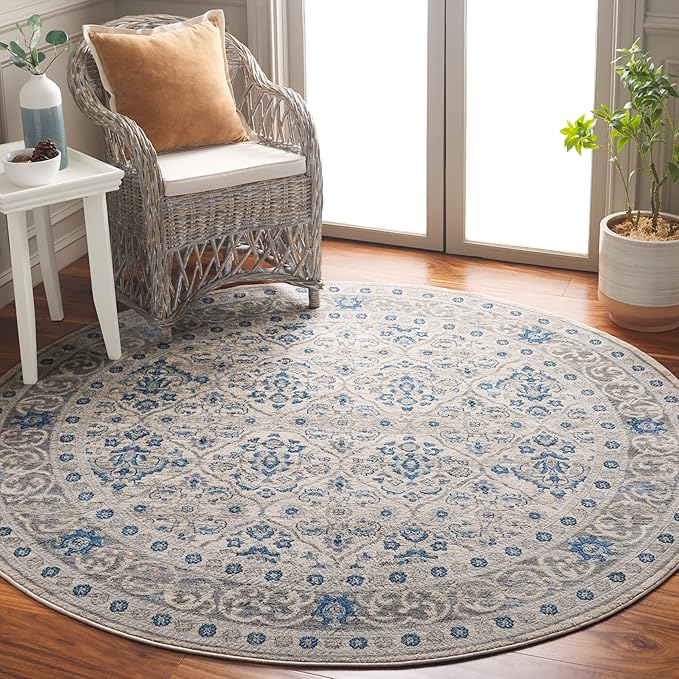 SAFAVIEH Brentwood Collection Area Rug - 6'7" Round, Ivory & Blue, Oriental Damask Trellis Design, Non-Shedding & Easy Care, Ideal for High Traffic Areas in Living Room, Bedroom (BNT870A)