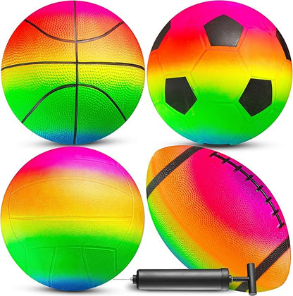 Rainbow Sports Balls for Kids & Toddlers - (Pack of 4) 8.5-Inch Neon Sport Ball Set Includes Football, Soccer, Basketball, & Playground Balls, Toy Balls for Indoor/Outdoor