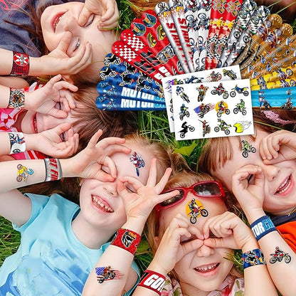 48PCS Dirt Bike Party Favors - 24PCS Tattoos & 24PCS Slap Bracelets, Motocross Bike Pattern, Ideal for Themed Birthday Parties, School Prizes, and Classroom Gift Exchange for Kids