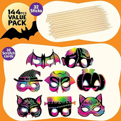 JOYIN 32 Pcs Halloween Rainbow Scratch Masks Crafts for Kids, Halloween Party Favors, Scratch Art Masks, Halloween Party Supplies, Scratch Off Paper Animal Masks Classroom Activities Gift Party Games