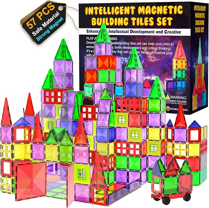 Magnetic Tiles Building Blocks Toy - STEM Educational Magnet Set for Kids, Creativity Preschool Learning Sensory Montessori Toddler Toys for Boys & Girls 3+ Years Old - 57PC