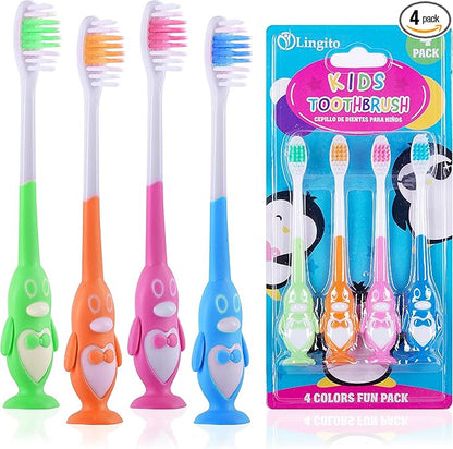 Kids Toothbrush Suction Cup, Toddler Toothbrush Soft Bristles, Child Toothbrush Suction Cups For Easy Access, Toddler Toothbrushes Handles Perfect For Tiny Hands of Boys and Girls (4 Pack - Penguin)