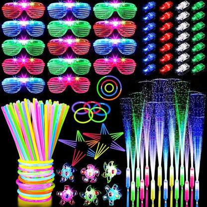 162PCS Glow in the Dark Party Supplies, Light Up Party Favors with 14 LED Glasses,14 Fiber Optic Wands, 6 Gyro Rings, 28 Finger Lights,100 Glow Sticks for Kids Adults Neon Party Decorations