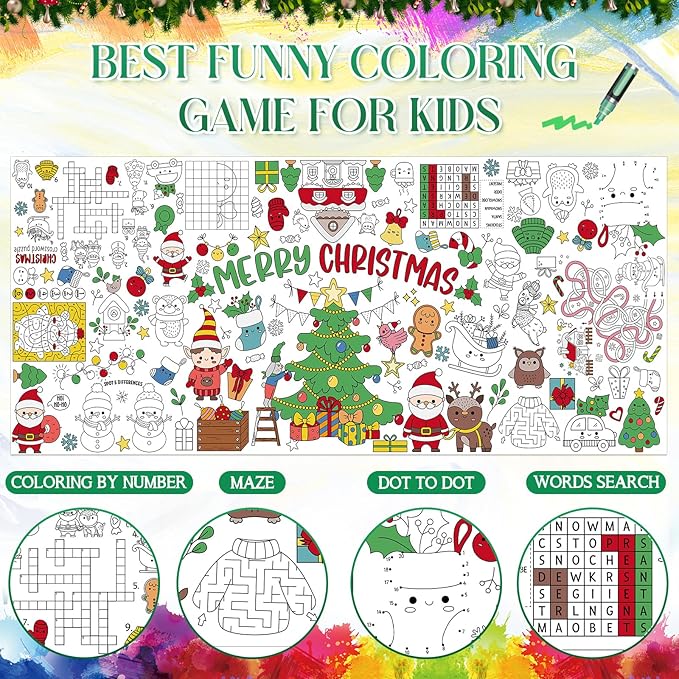 Christmas Giant Coloring Poster for Kids 30x72 Inch, Merry Christmas Large Coloring Tablecloth Banner, Christmas Color-in Activities Games for Kids School Classroom Home Party Supplies Decorations