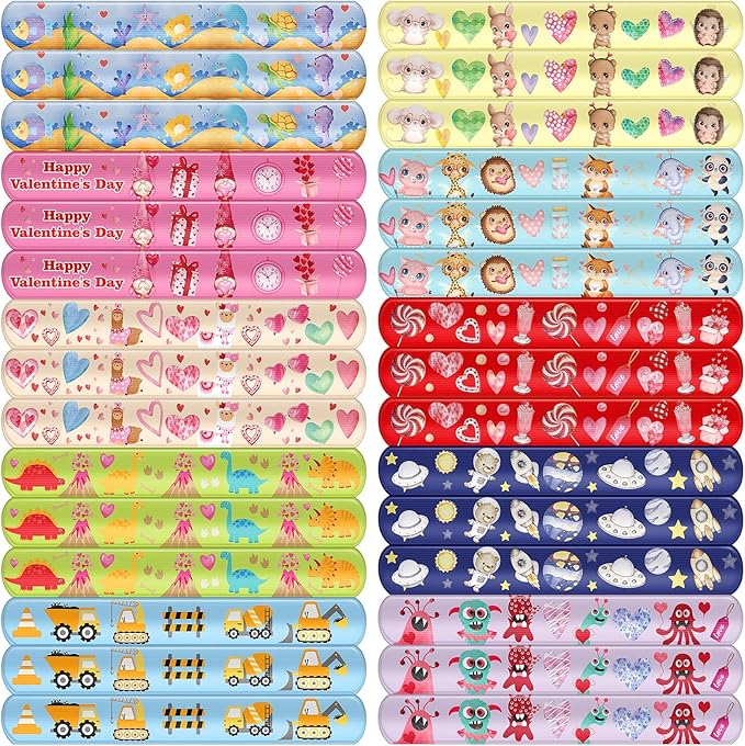 ceiba tree 30Pcs Valentine's Day Slap Bracelets with Cards Gifts for Kids Valentines School Classroom Class Classmates Exchange Prizes Party Favors Goodie Bag Stuffers